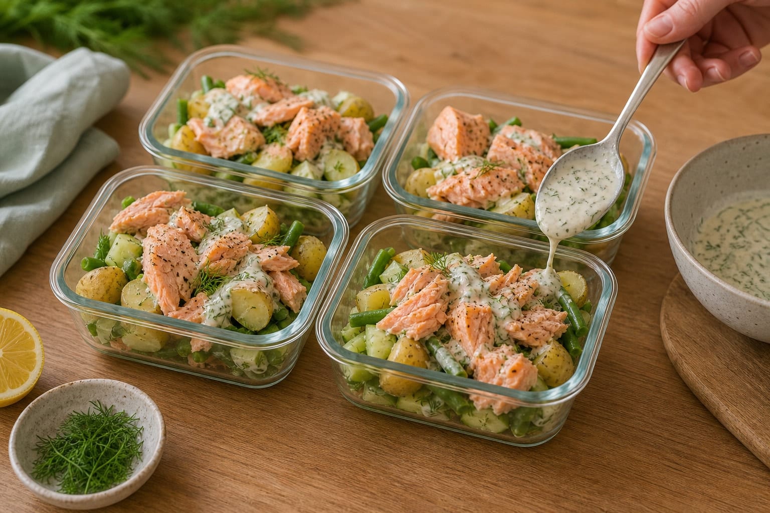 Salmon Potato Green Bean Salad Boxes with Lemon Dill cooking step 6: Pack with salmon.
