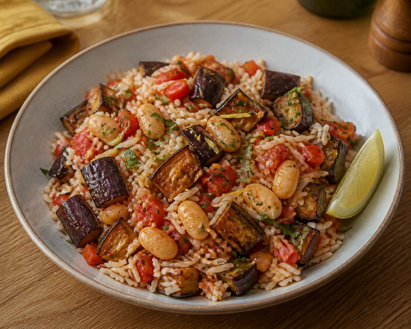 Smoky Aubergine Butter Bean Rice with Parsley Lemon plated and ready to serve.