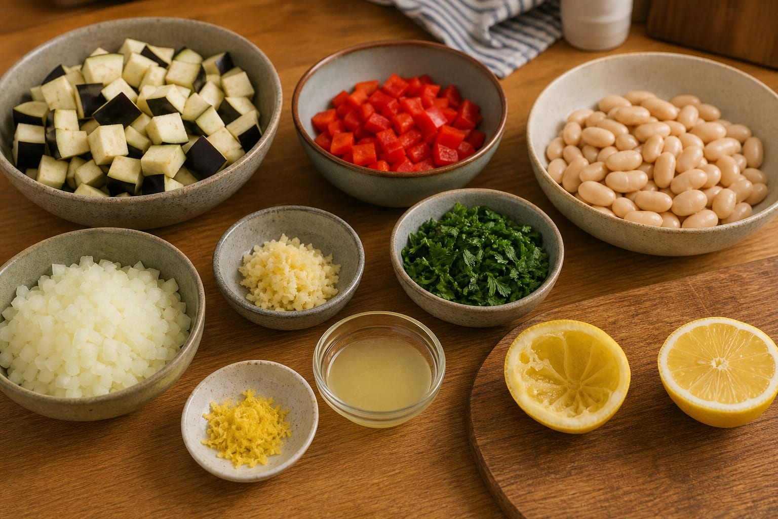 Smoky Aubergine Butter Bean Rice with Parsley Lemon cooking step 1: Prepare the vegetables.