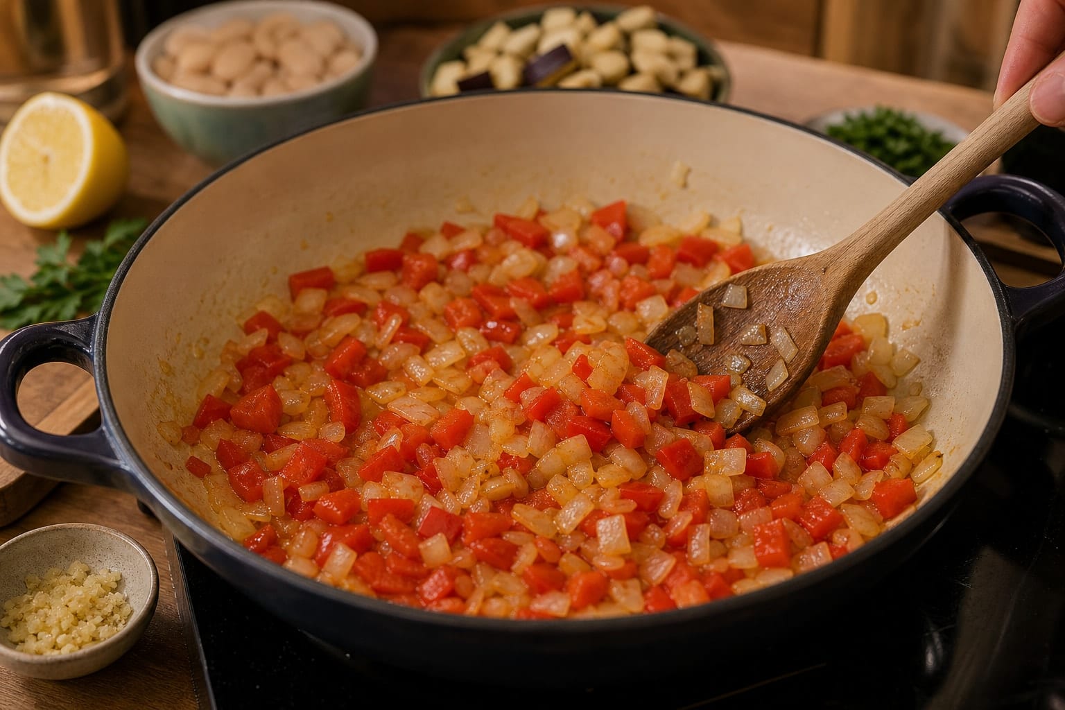 Smoky Aubergine Butter Bean Rice with Parsley Lemon cooking step 4: Start the tomato beans.