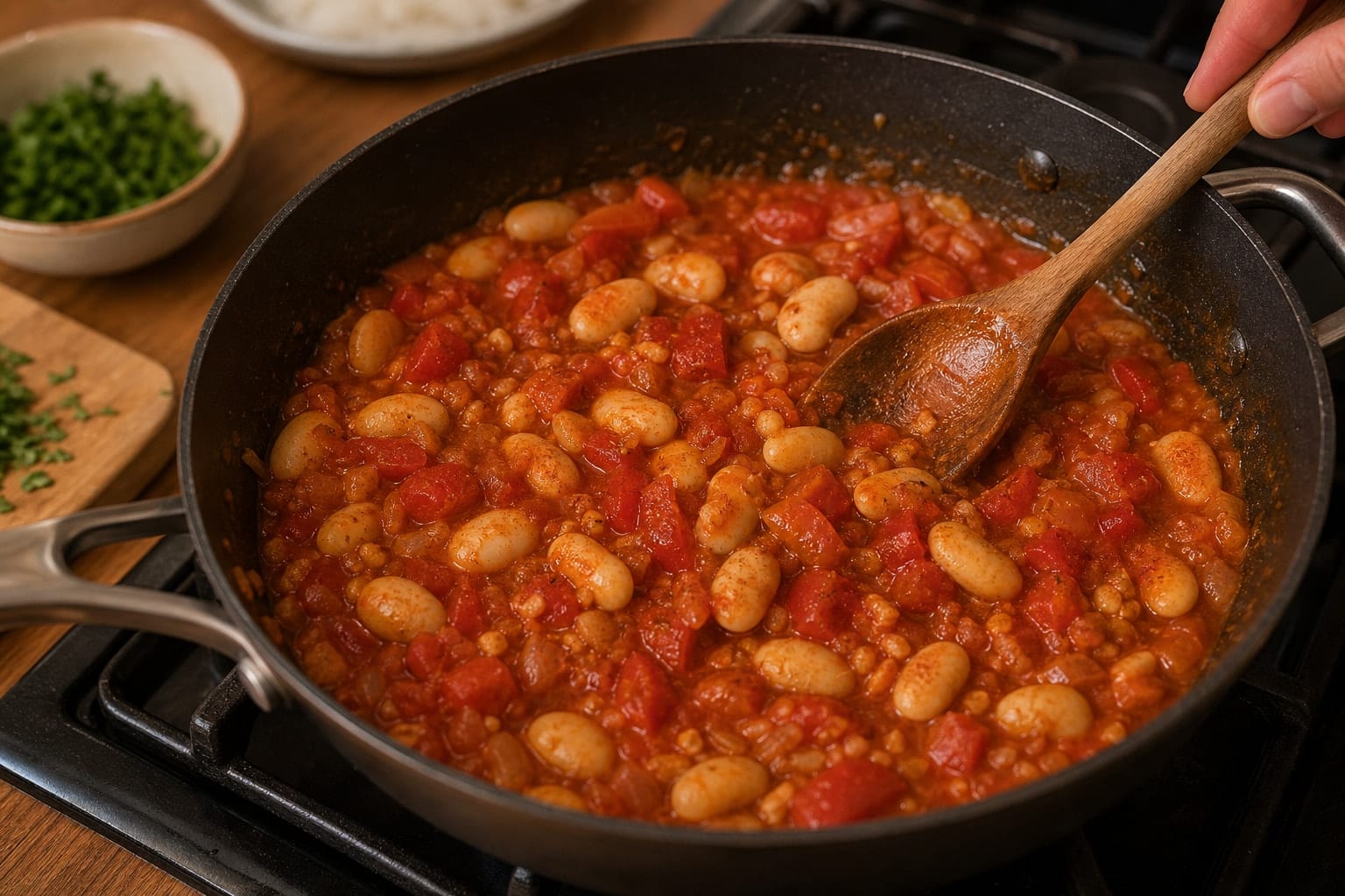 Smoky Aubergine Butter Bean Rice with Parsley Lemon cooking step 5: Simmer the beans.
