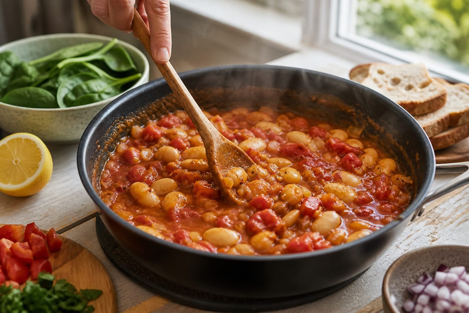 Smoky Butter Bean Breakfast Toasts with Spinach and Lemon cooking step 3: Simmer the smoky beans.