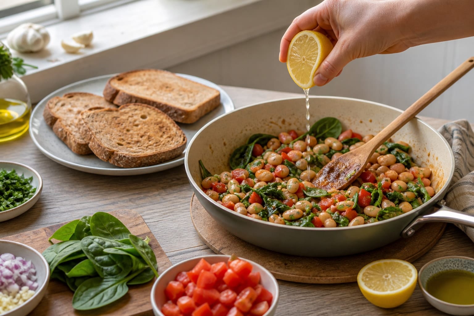 Smoky Butter Bean Breakfast Toasts with Spinach and Lemon cooking step 4: Toast and finish.