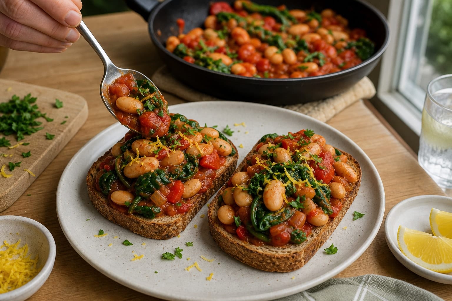 Smoky Butter Bean Breakfast Toasts with Spinach and Lemon cooking step 5: Serve the toasts.