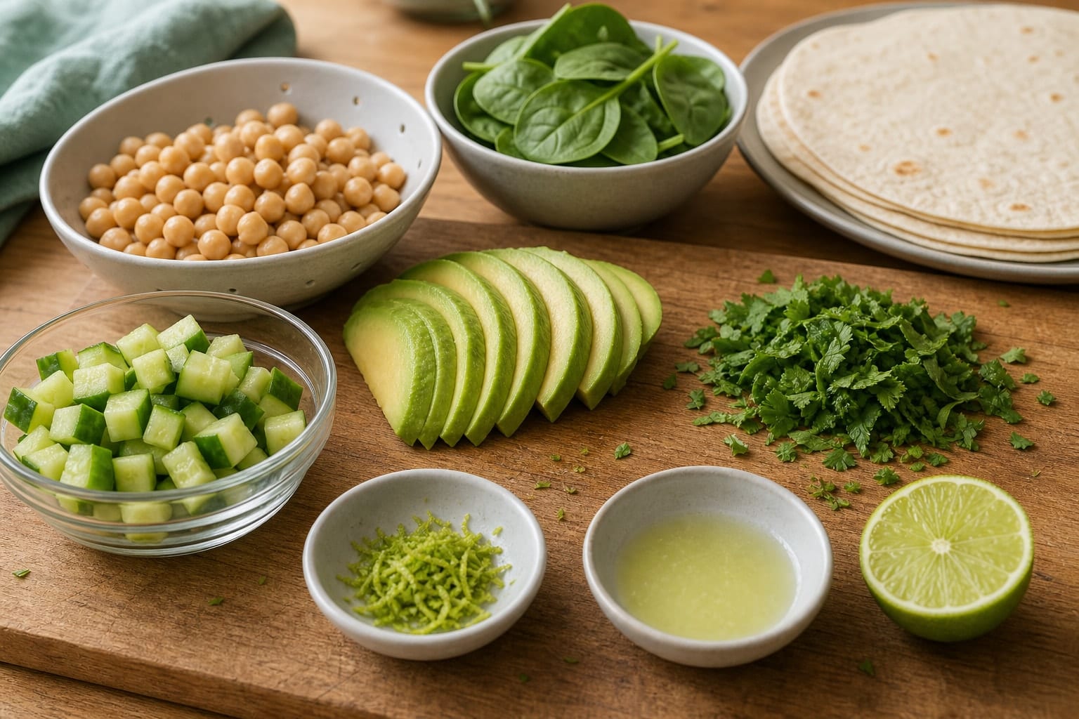 Spiced Chickpea Avocado Wraps with Lime Cucumber cooking step 1: Prepare the salad.