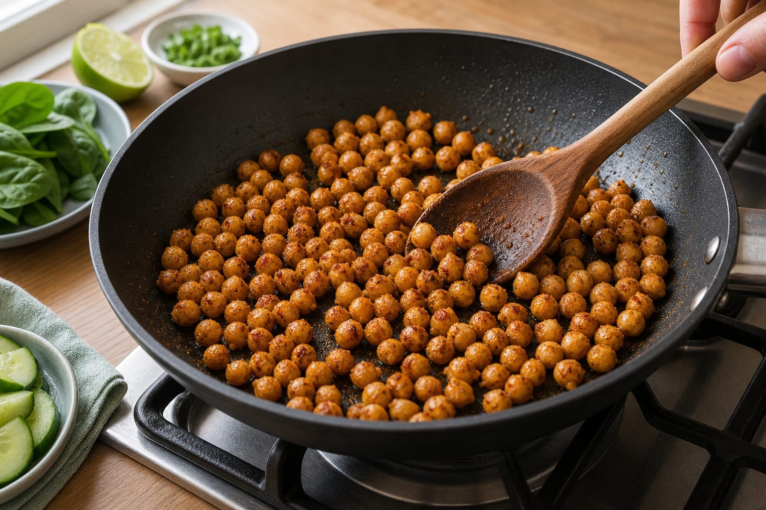 Spiced Chickpea Avocado Wraps with Lime Cucumber cooking step 2: Cook the chickpeas.
