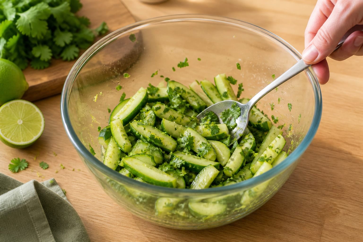 Spiced Chickpea Avocado Wraps with Lime Cucumber cooking step 3: Dress the cucumber.