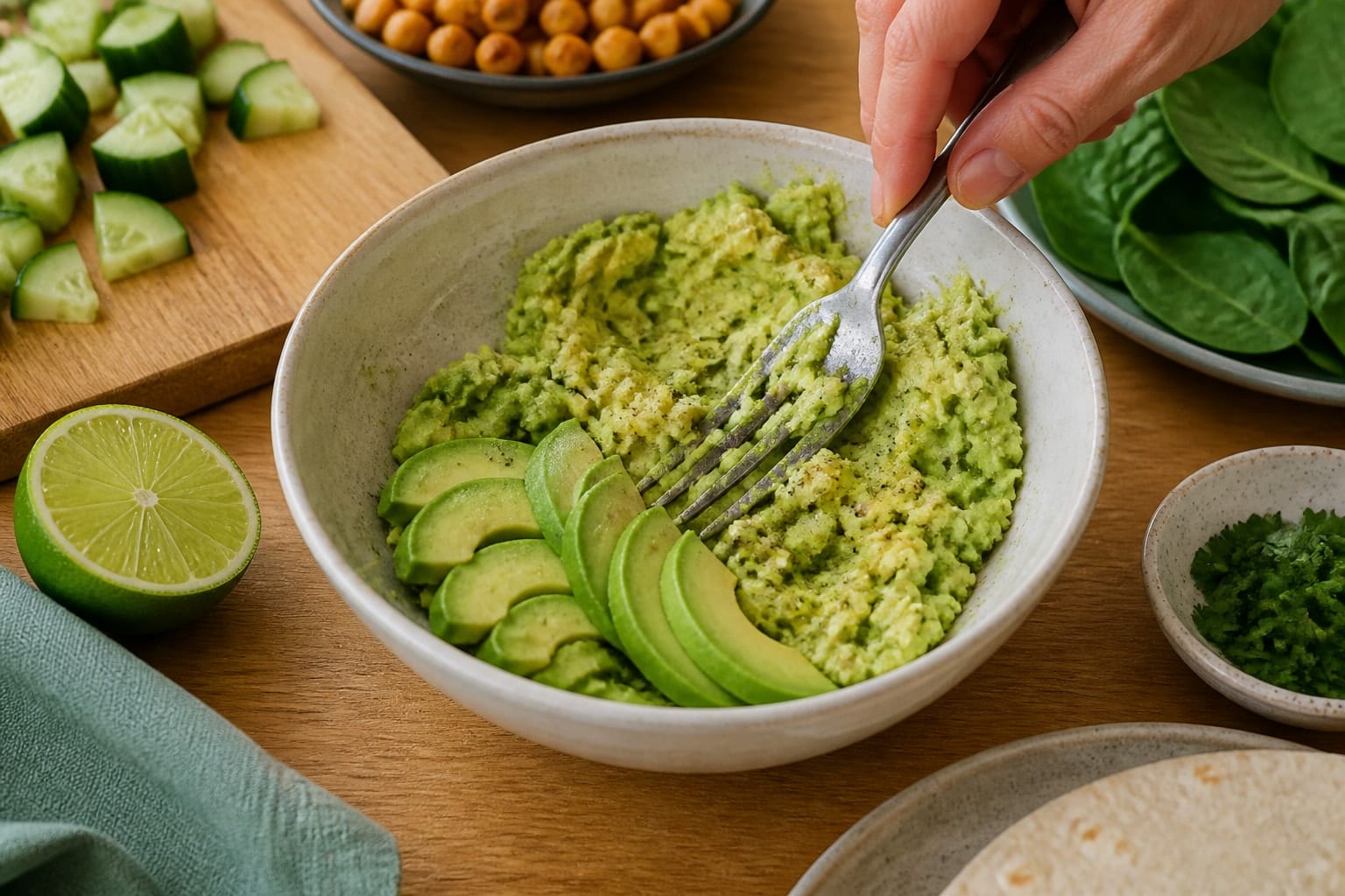 Spiced Chickpea Avocado Wraps with Lime Cucumber cooking step 4: Mash some avocado.