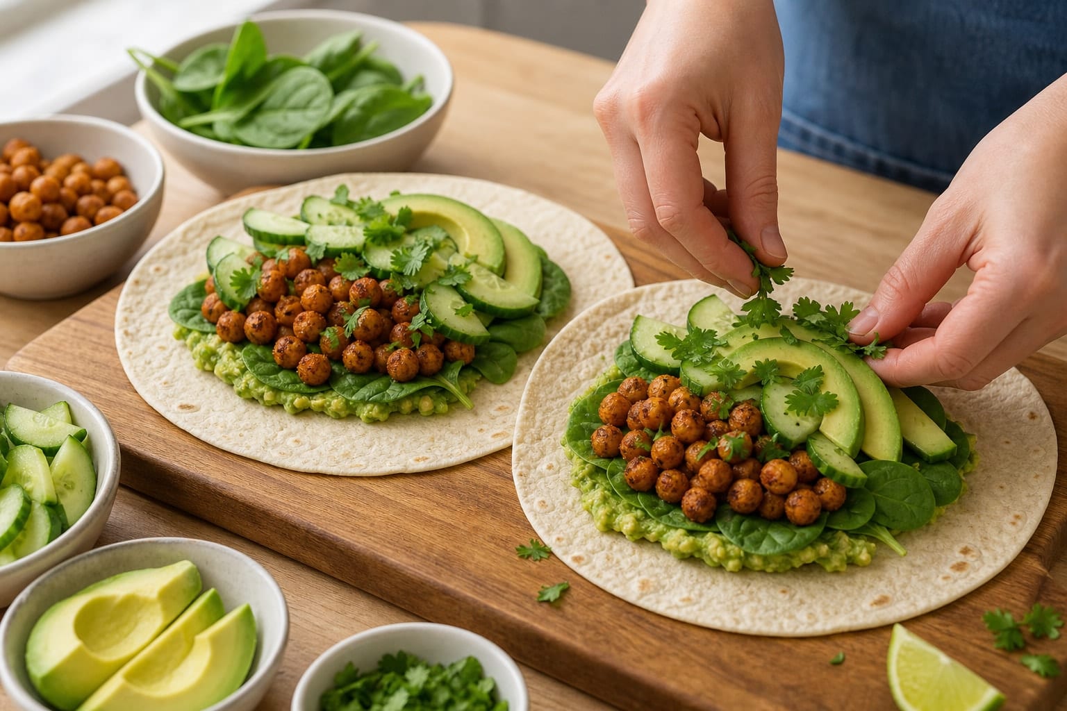 Spiced Chickpea Avocado Wraps with Lime Cucumber cooking step 5: Fill the wraps.