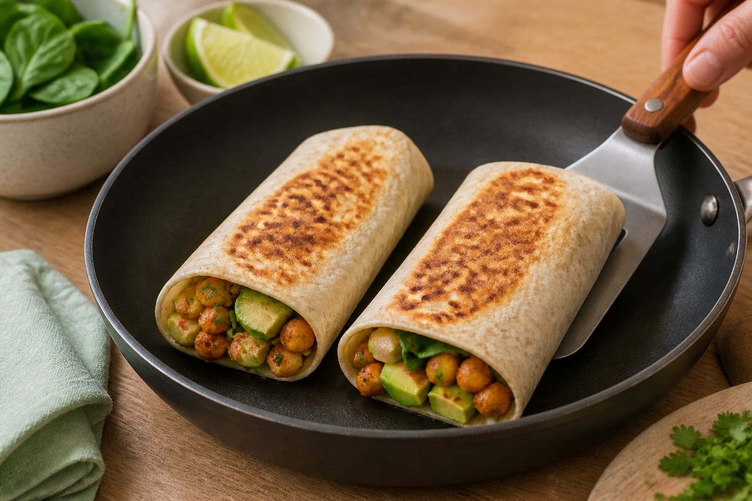 Spiced Chickpea Avocado Wraps with Lime Cucumber cooking step 6: Toast and pack.