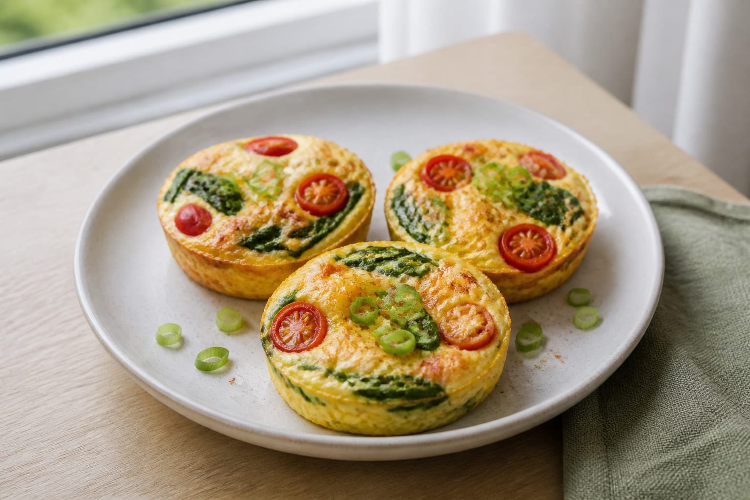 Spinach Cheddar Egg Muffin Tray with Tomatoes.