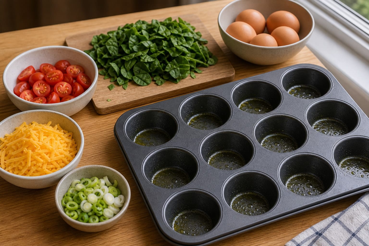 Spinach Cheddar Egg Muffin Tray with Tomatoes cooking step 1: Heat the oven and prep.