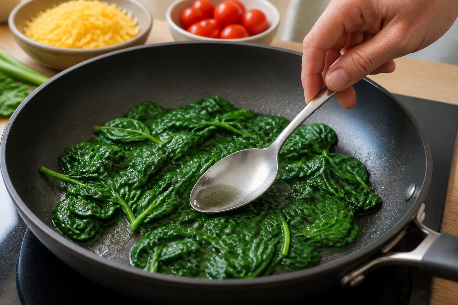 Spinach Cheddar Egg Muffin Tray with Tomatoes cooking step 2: Wilt the spinach.