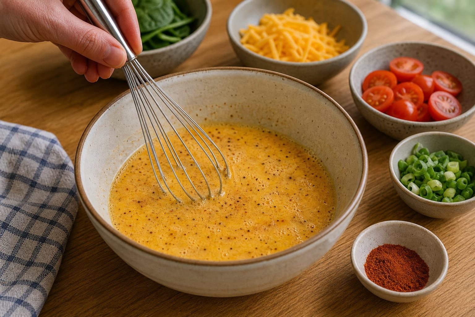 Spinach Cheddar Egg Muffin Tray with Tomatoes cooking step 3: Whisk the eggs.
