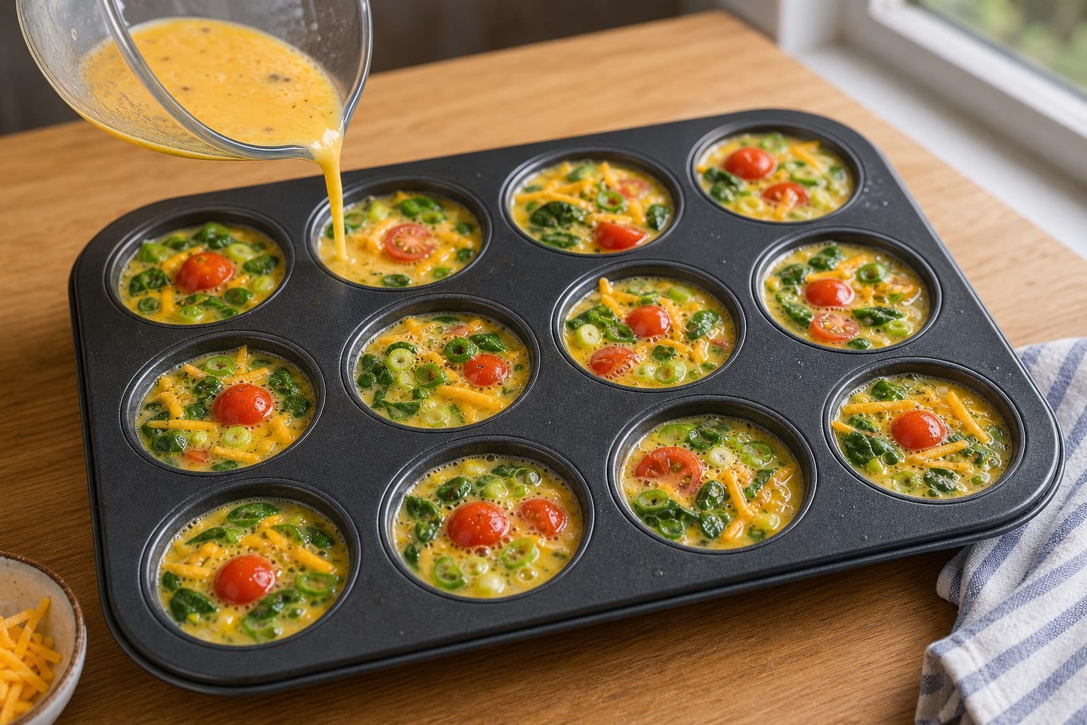 Spinach Cheddar Egg Muffin Tray with Tomatoes cooking step 4: Fill the tray.