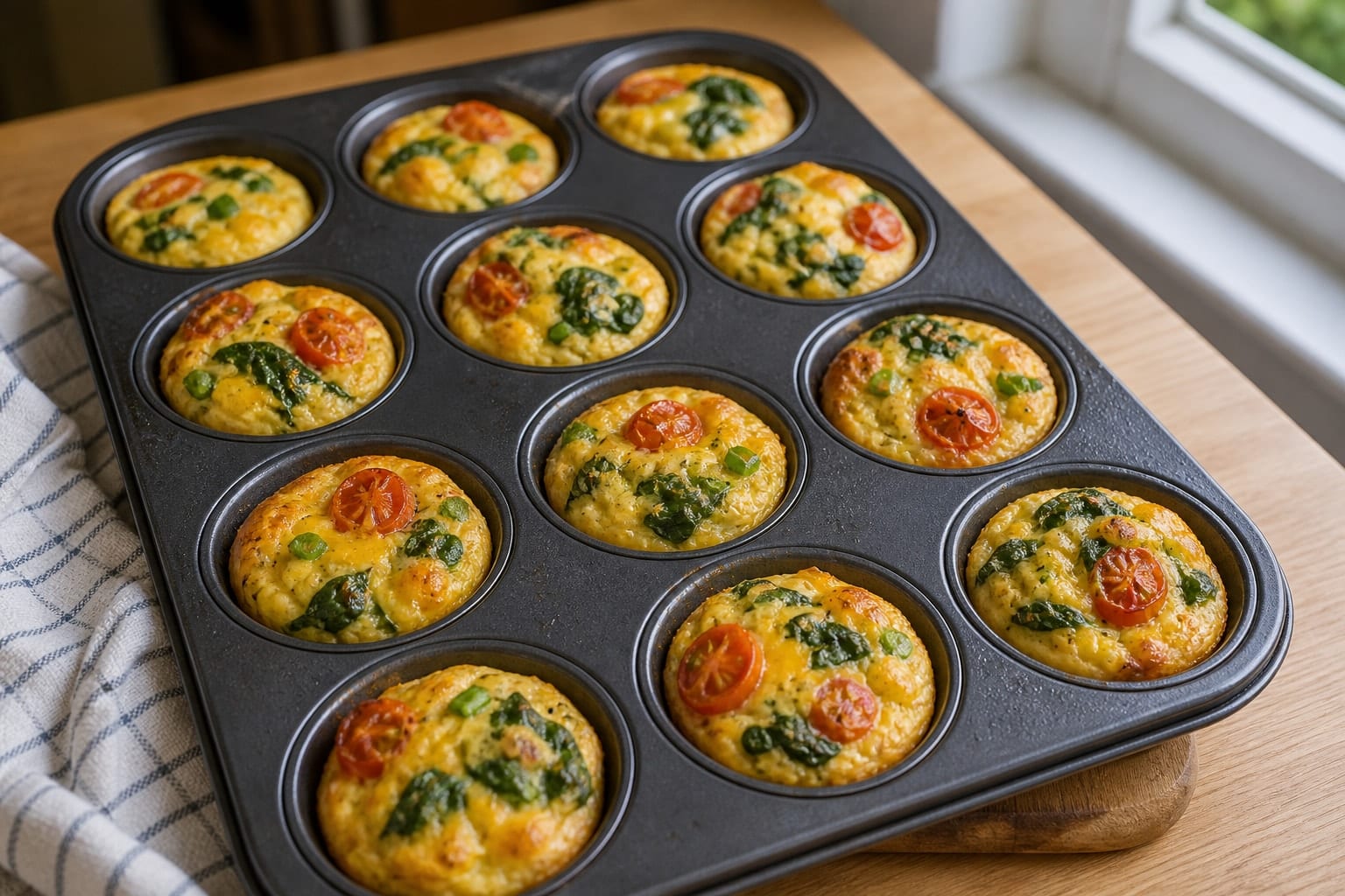 Spinach Cheddar Egg Muffin Tray with Tomatoes cooking step 5: Bake and rest.