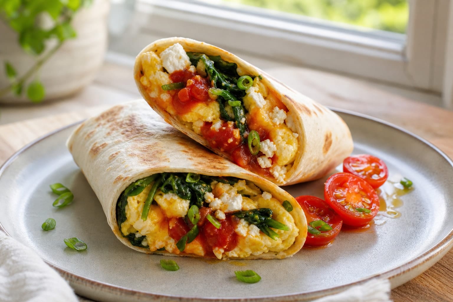 Spinach Feta Egg Breakfast Wraps with Tomato Relish plated and ready to serve.