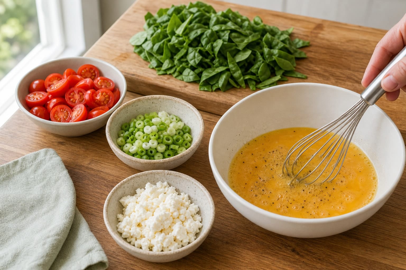 Spinach Feta Egg Breakfast Wraps with Tomato Relish cooking step 1: Prepare the fillings.