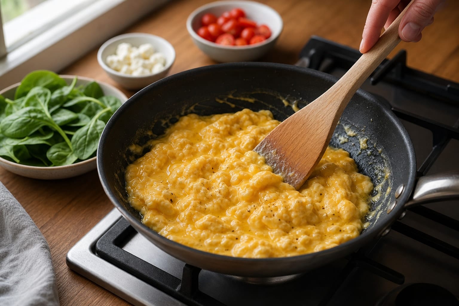 Spinach Feta Egg Breakfast Wraps with Tomato Relish cooking step 4: Scramble the eggs.
