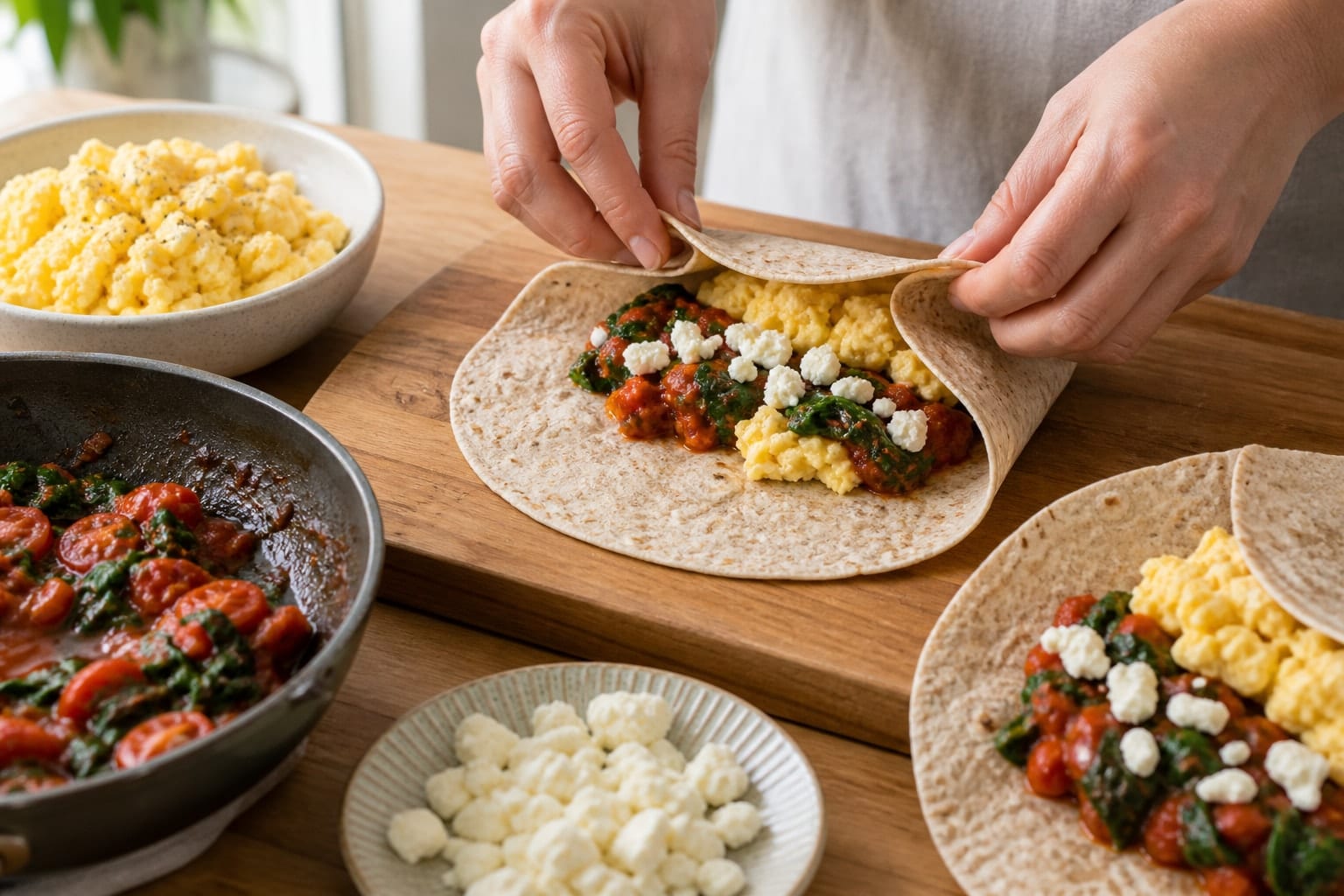 Spinach Feta Egg Breakfast Wraps with Tomato Relish cooking step 5: Fill and fold.