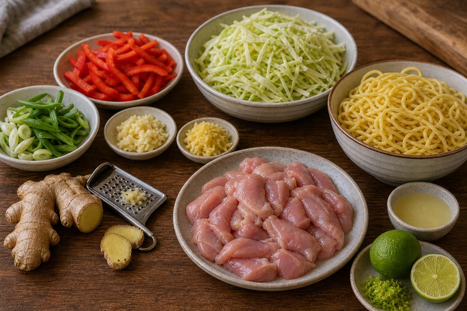 Sticky Ginger Chicken Cabbage Noodles with Lime cooking step 1: Prepare the stir-fry.
