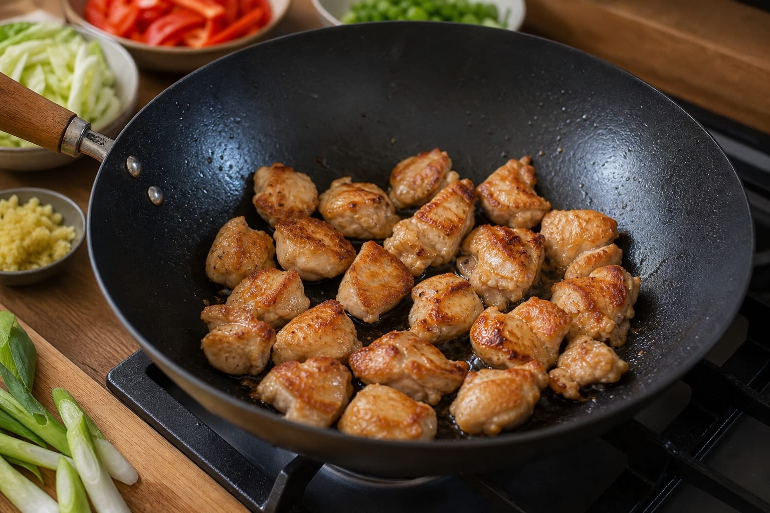Sticky Ginger Chicken Cabbage Noodles with Lime cooking step 4: Brown the chicken.