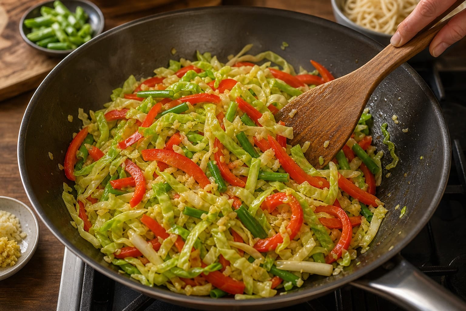 Sticky Ginger Chicken Cabbage Noodles with Lime cooking step 5: Stir-fry the vegetables.