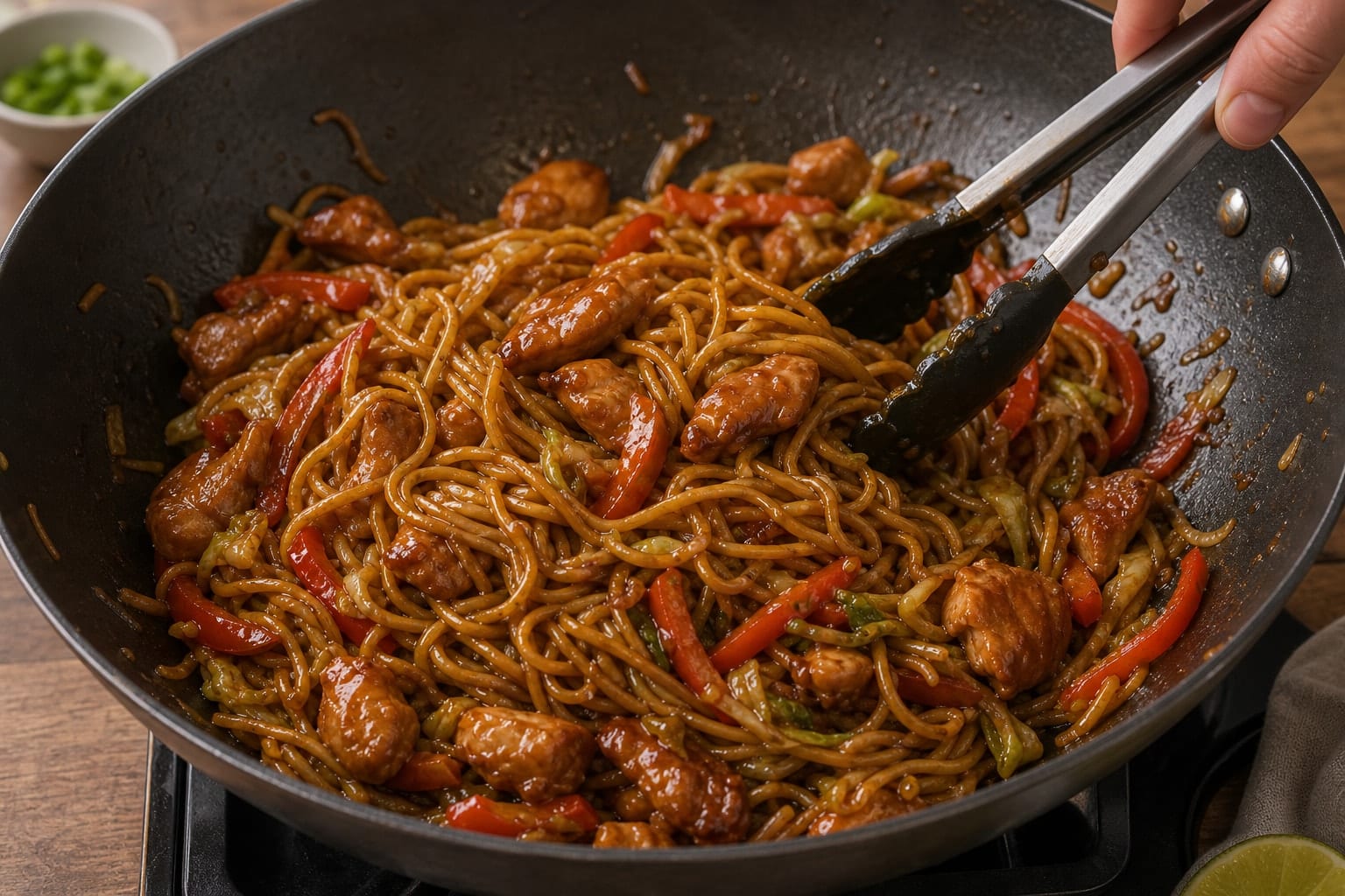 Sticky Ginger Chicken Cabbage Noodles with Lime cooking step 6: Gloss the noodles.
