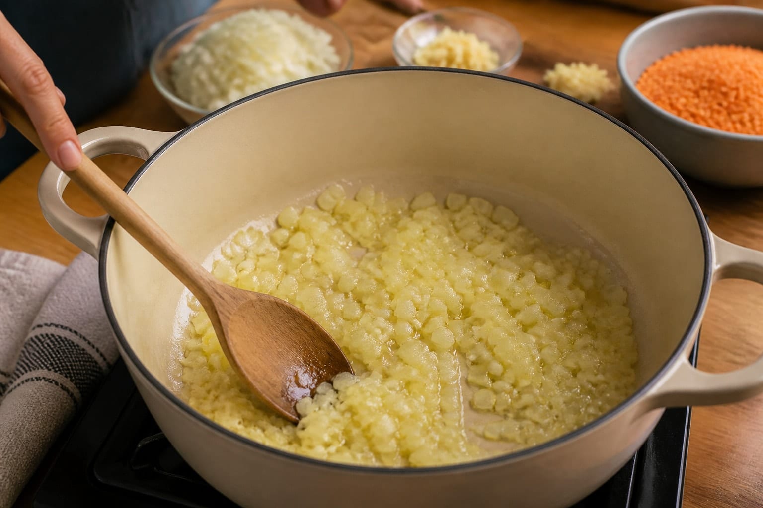 Tomato Coconut Red Lentil Dal with Spinach Rice cooking step 3: Soften the aromatics.