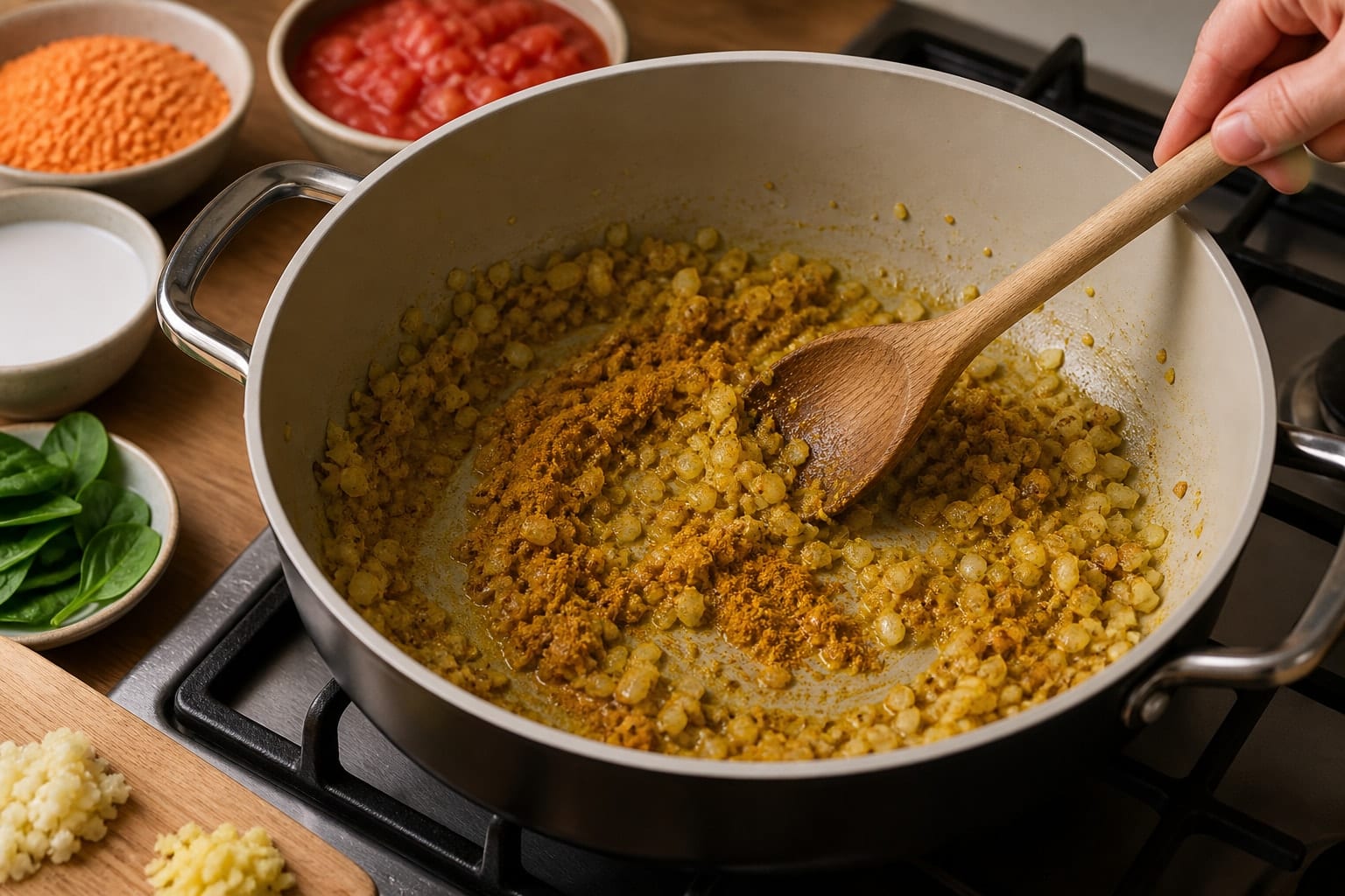 Tomato Coconut Red Lentil Dal with Spinach Rice cooking step 4: Bloom the spices.