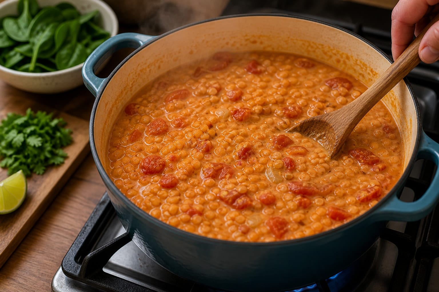 Tomato Coconut Red Lentil Dal with Spinach Rice cooking step 5: Simmer the lentils.
