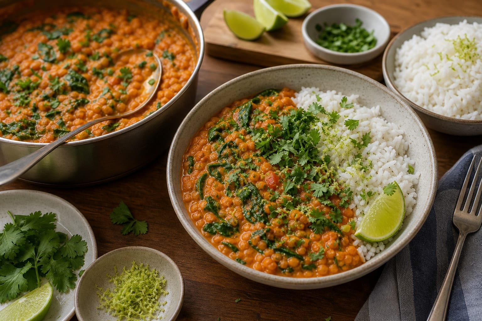 Tomato Coconut Red Lentil Dal with Spinach Rice cooking step 6: Finish and serve.