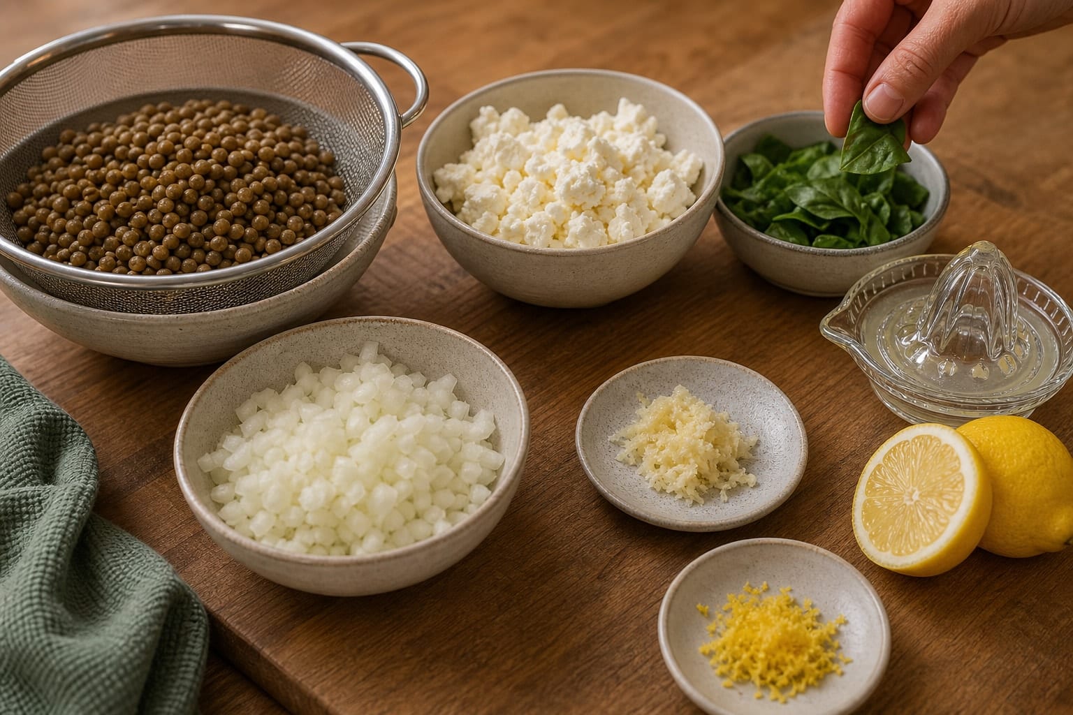 Tomato Lentil Orzo with Spinach and Feta cooking step 1: Prepare the ingredients.