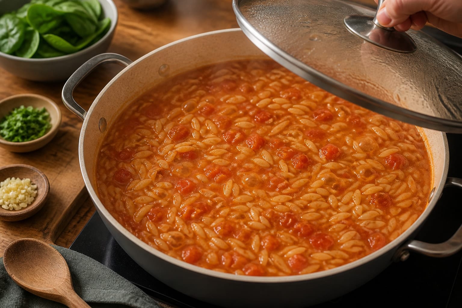 Tomato Lentil Orzo with Spinach and Feta cooking step 3: Simmer the orzo.