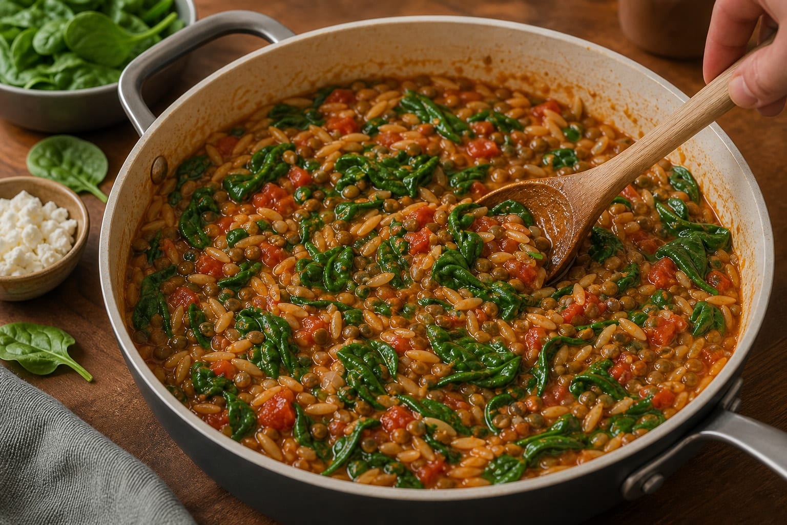 Tomato Lentil Orzo with Spinach and Feta cooking step 4: Add lentils and spinach.