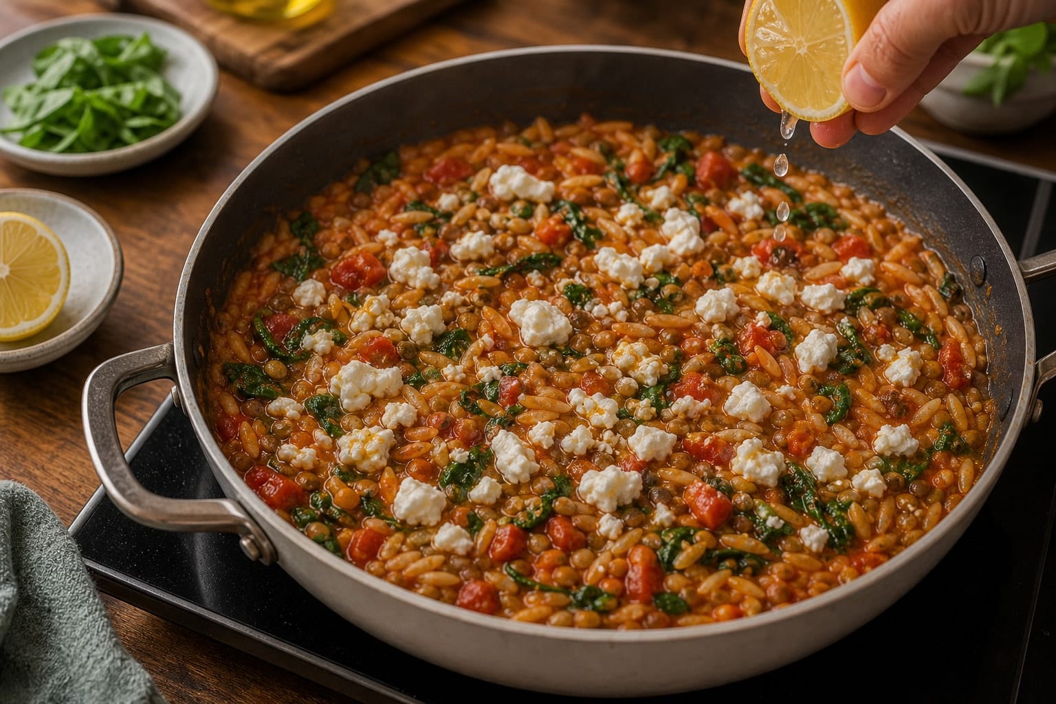 Tomato Lentil Orzo with Spinach and Feta cooking step 5: Finish with feta.