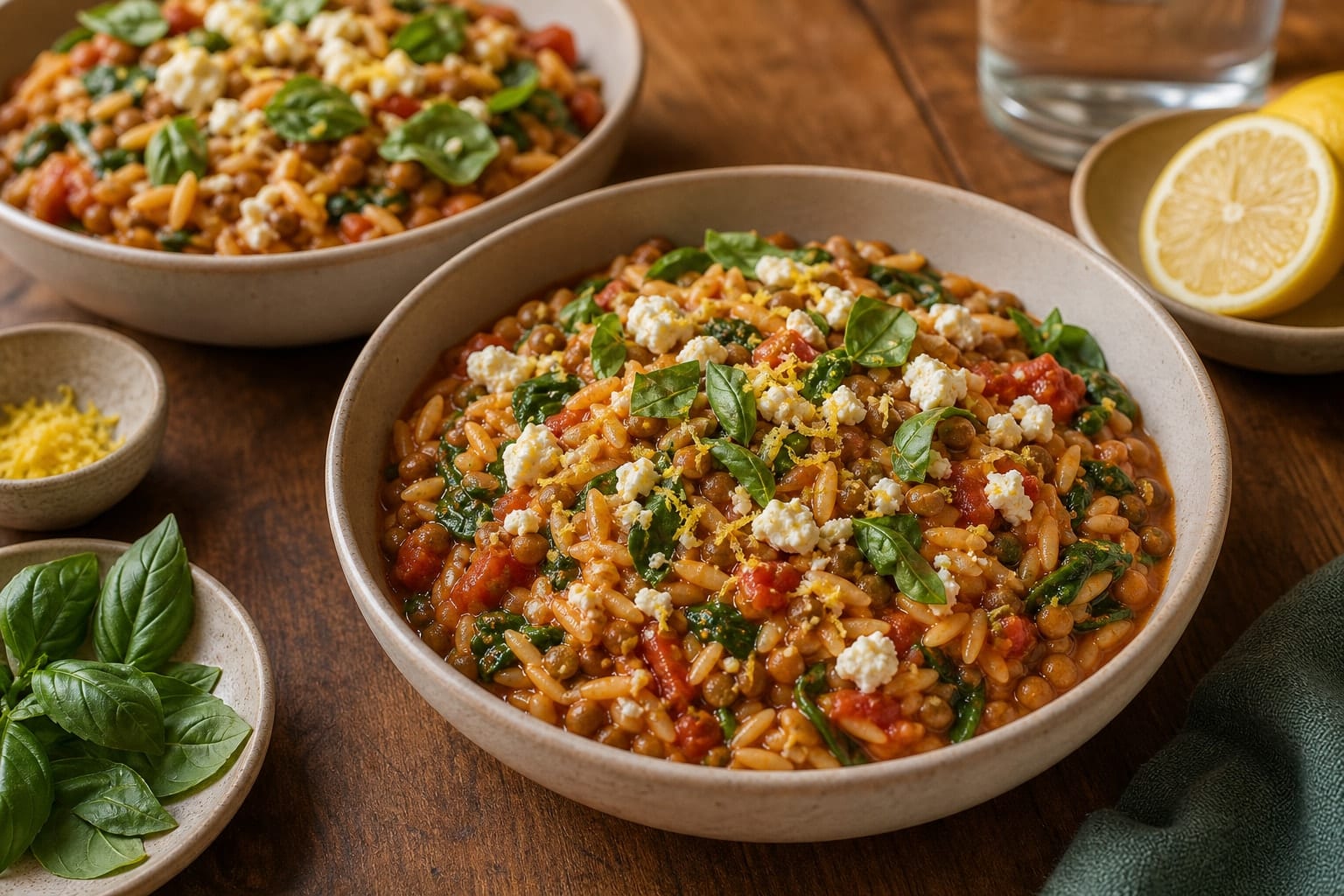 Tomato Lentil Orzo with Spinach and Feta cooking step 6: Serve with basil.
