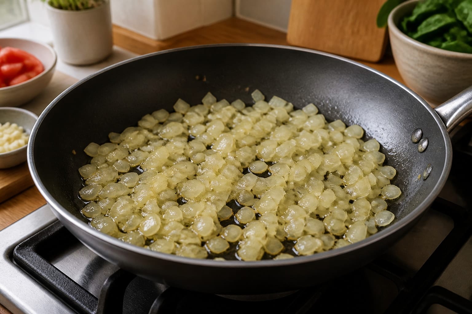 Tomato White Bean Egg Pans with Spinach Toasts cooking step 2: Soften the onion.