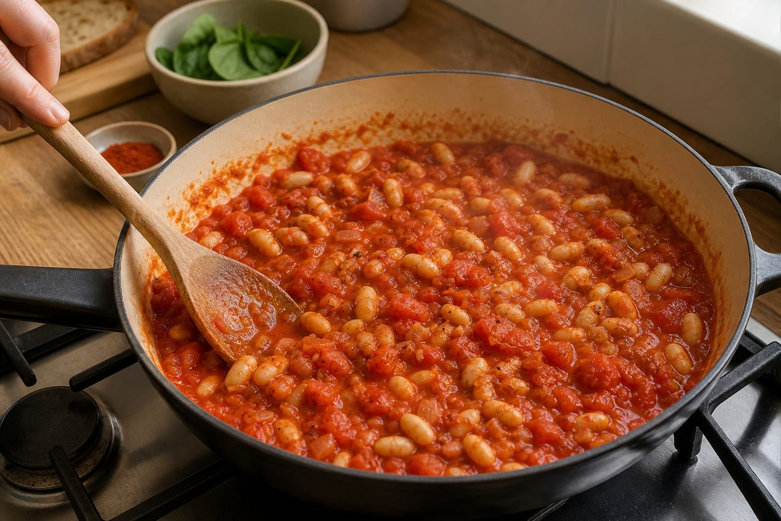 Tomato White Bean Egg Pans with Spinach Toasts cooking step 3: Build the sauce.