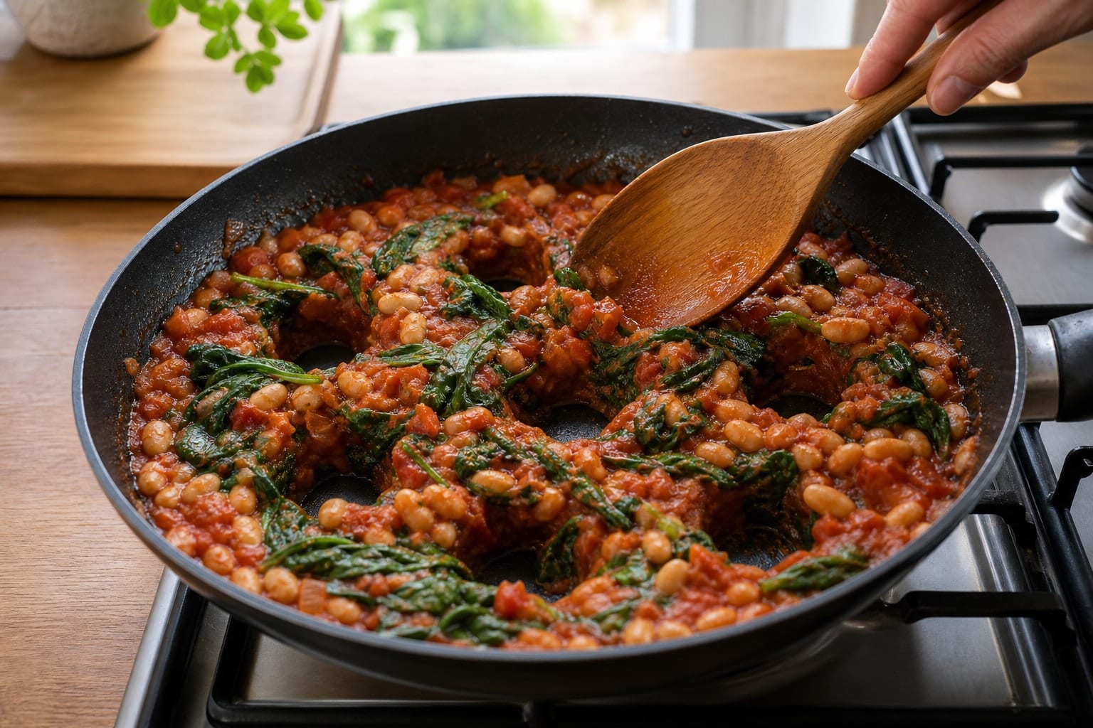 Tomato White Bean Egg Pans with Spinach Toasts cooking step 4: Wilt the spinach.