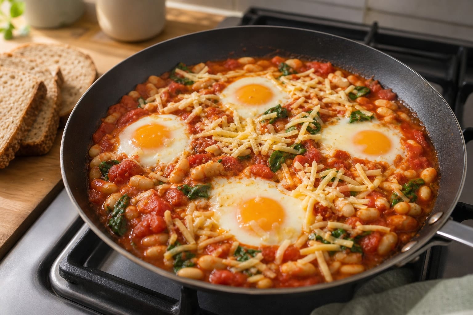 Tomato White Bean Egg Pans with Spinach Toasts cooking step 5: Cook the eggs.