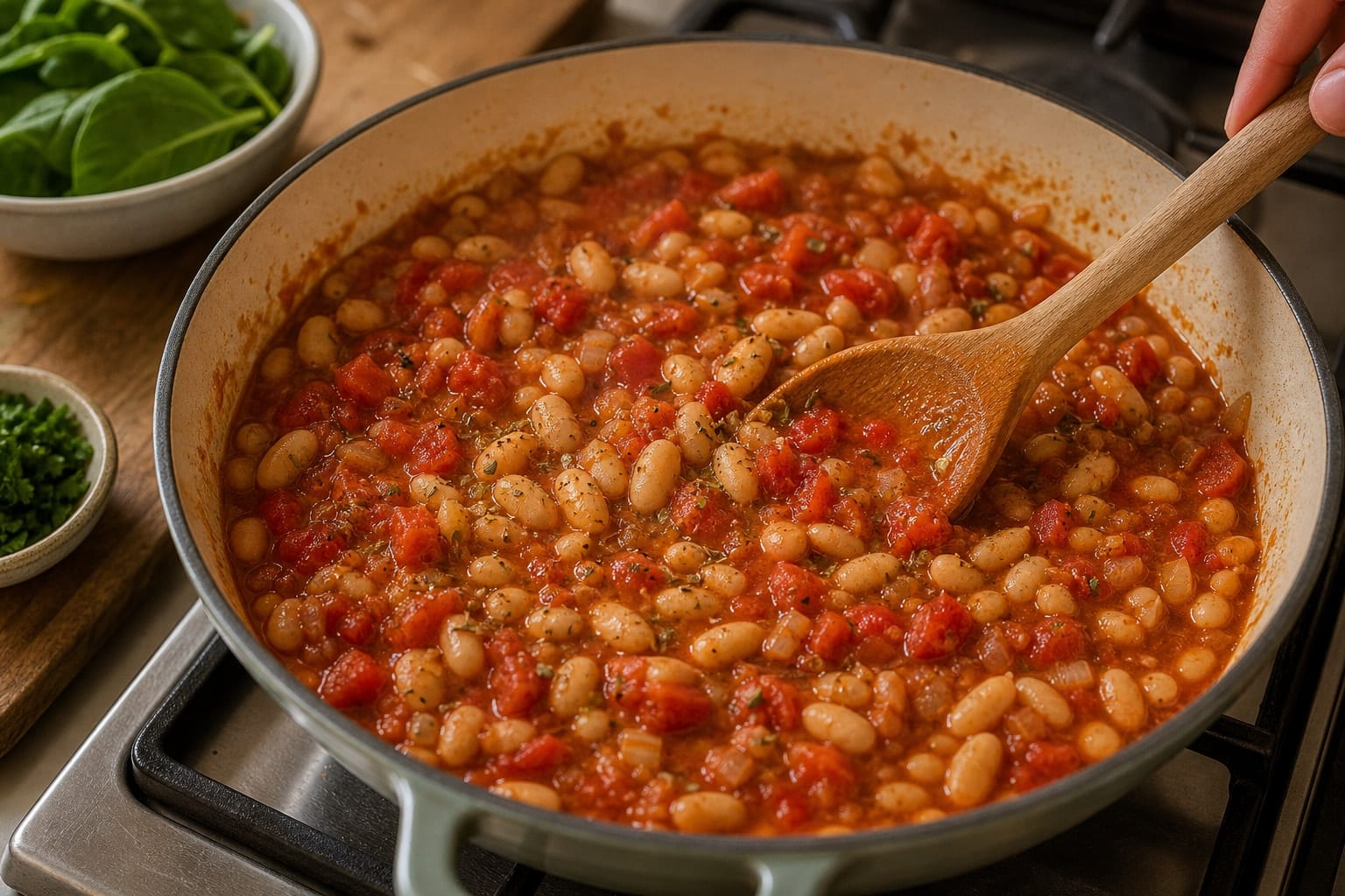 Tomato White Bean Gnocchi with Spinach and Parsley cooking step 3: Simmer the beans.