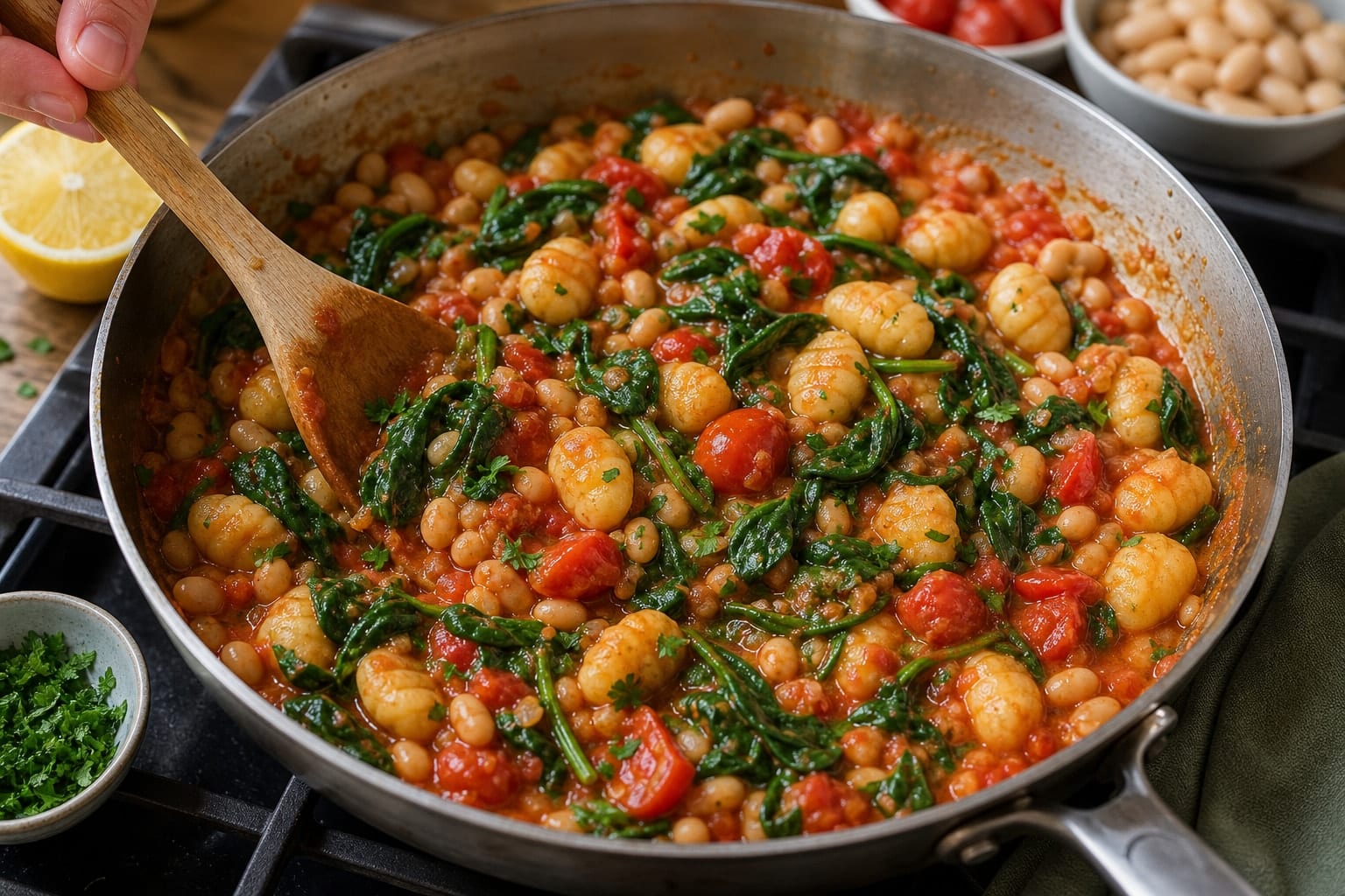 Tomato White Bean Gnocchi with Spinach and Parsley cooking step 5: Wilt the spinach.