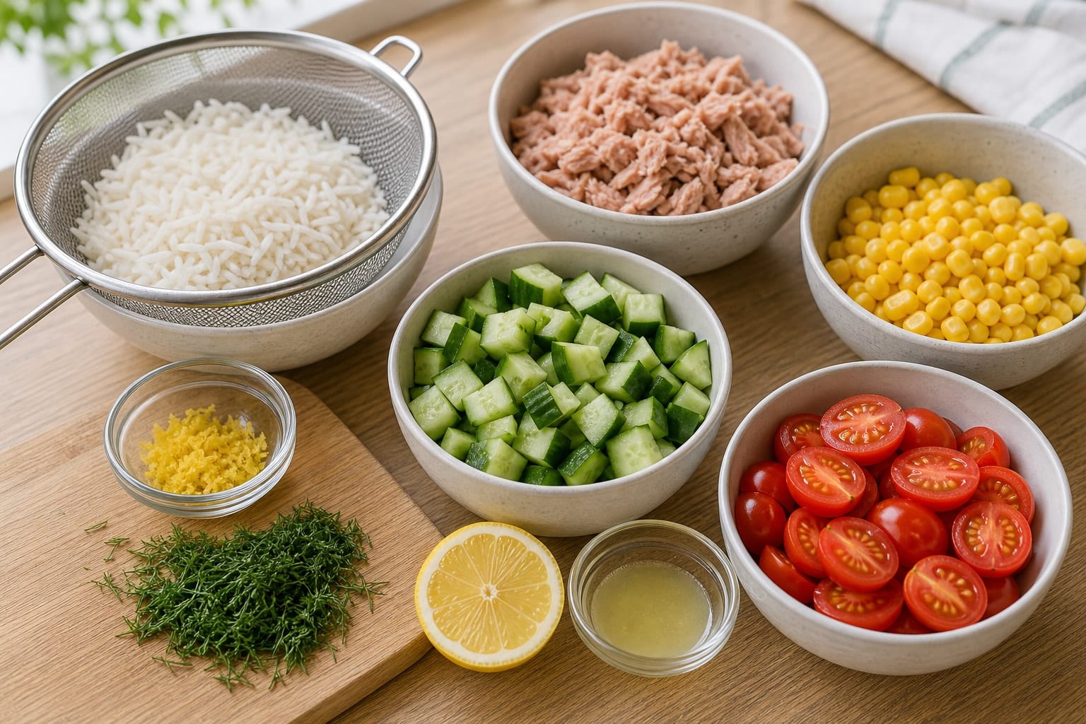 Tuna Cucumber Rice Salad Boxes with Dill and Lemon cooking step 1: Prepare the salad ingredients.