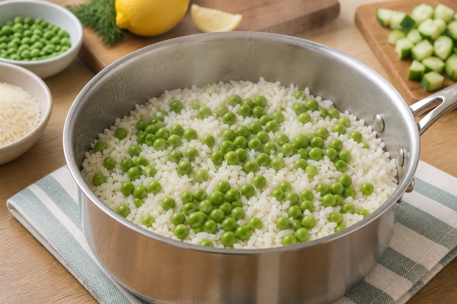 Tuna Cucumber Rice Salad Boxes with Dill and Lemon cooking step 2: Cook the rice and peas.