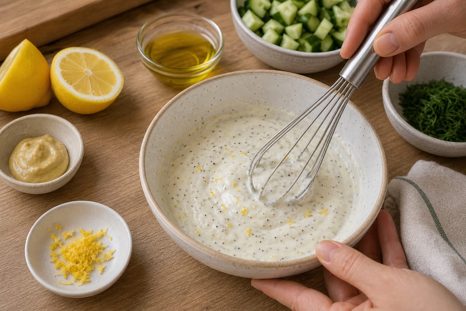 Tuna Cucumber Rice Salad Boxes with Dill and Lemon cooking step 4: Make the dressing.