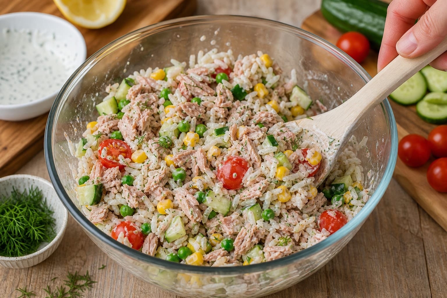 Tuna Cucumber Rice Salad Boxes with Dill and Lemon cooking step 5: Toss the salad.