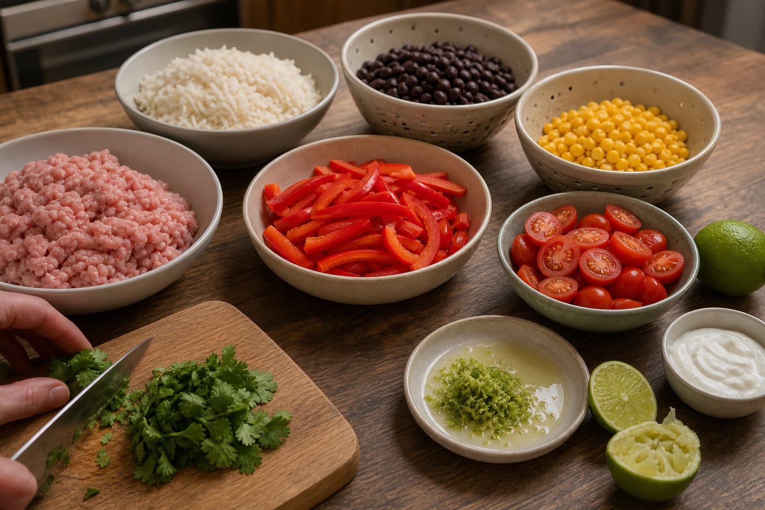 Turkey Black Bean Taco Rice Bowls with Lime Salsa cooking step 1: Prepare the bowls.