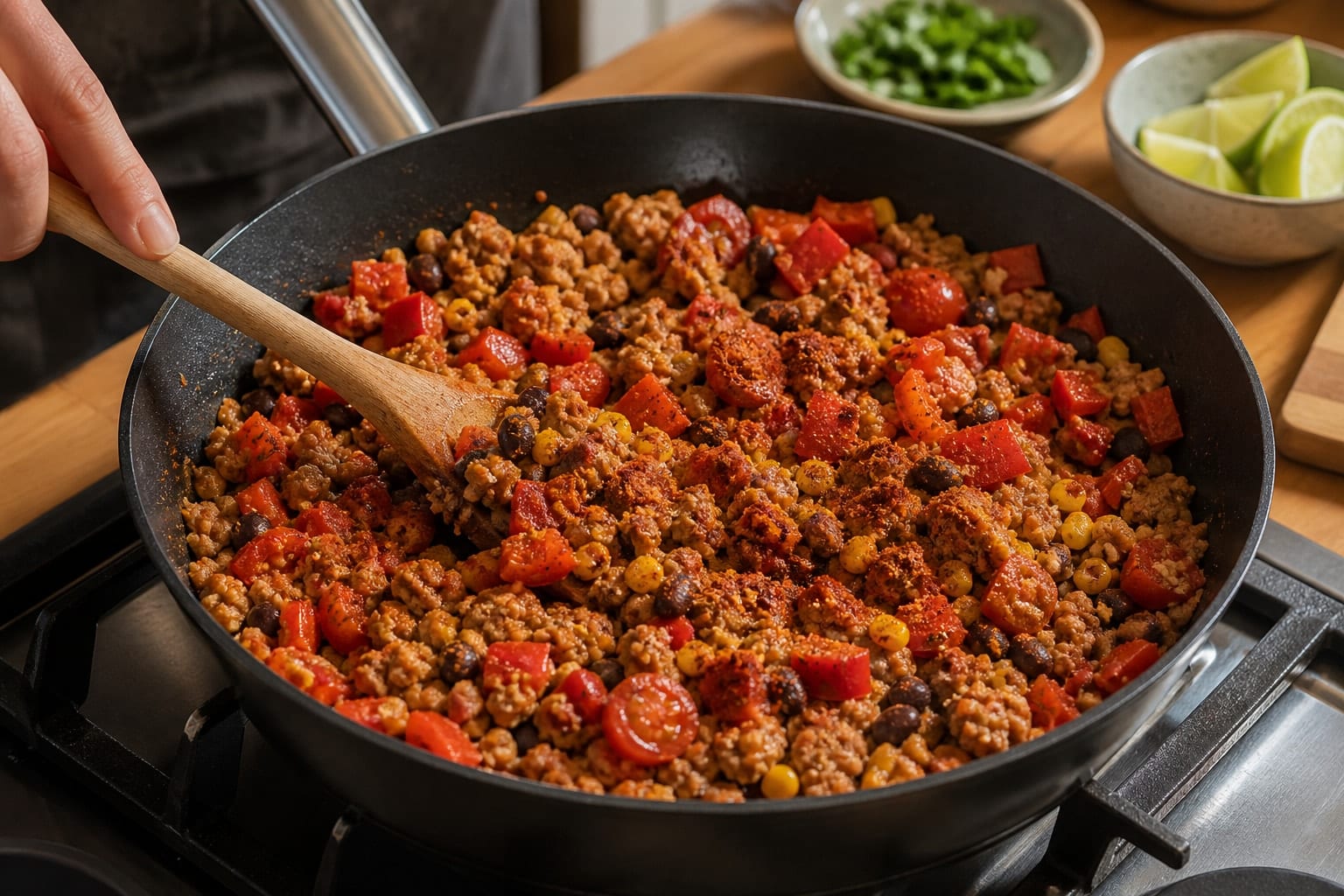 Turkey Black Bean Taco Rice Bowls with Lime Salsa cooking step 4: Add vegetables and spices.
