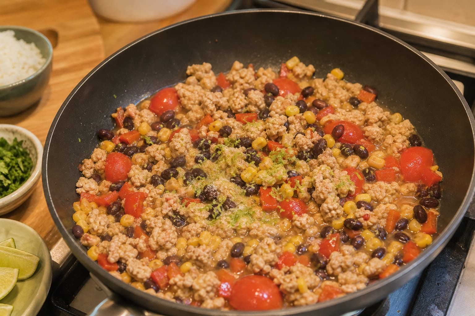 Turkey Black Bean Taco Rice Bowls with Lime Salsa cooking step 5: Warm the beans.